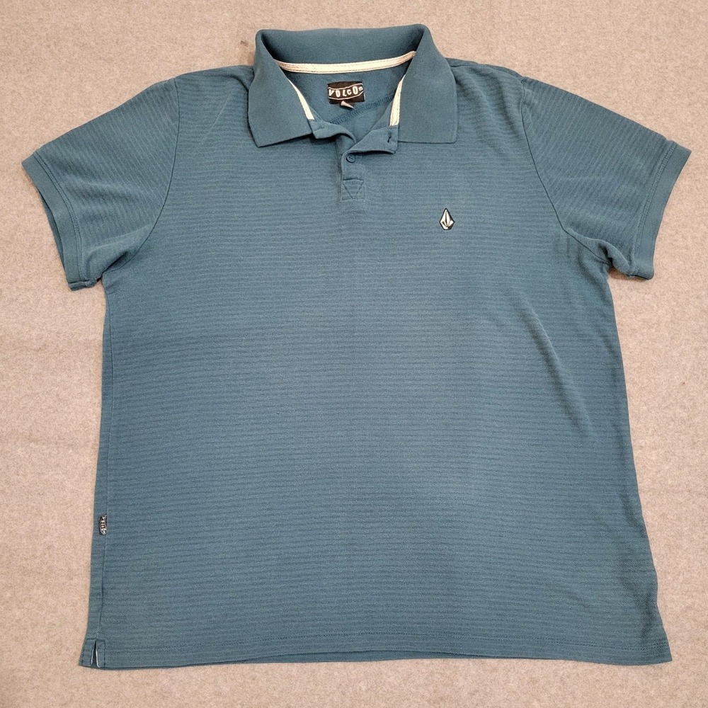Volcom Mens Large Teal Blue Short Sleeve Knit Polo Shirt Alternative Preppy Punk